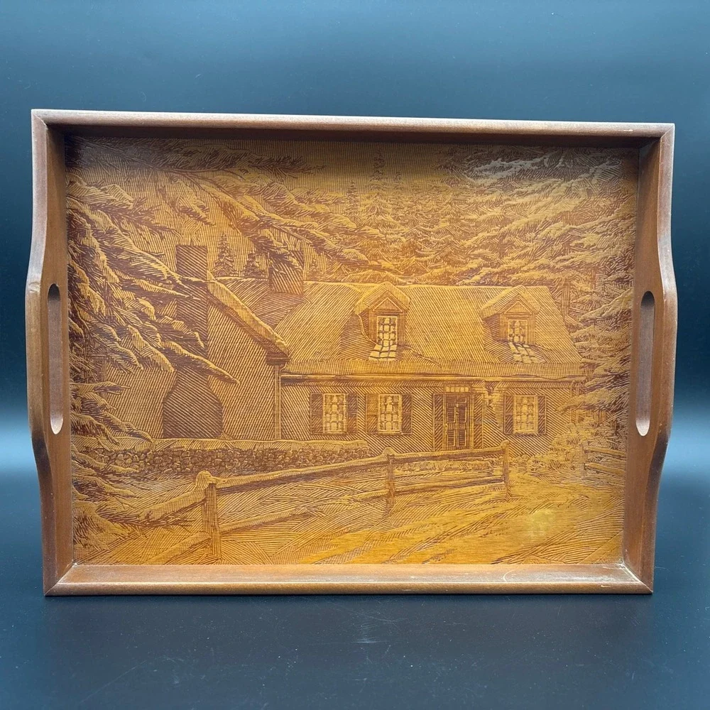 Vintage House of Lloyd Wood Serving Tray Etched Winter Cabin Scene 14.75